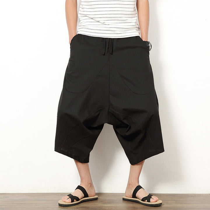 Buddha Stones春 無地 シンプル パッチワークデザイン ドローストリング コットンリネン メンズ 7-8丈 ワイドレッグパンツ ポケット付き - 黒 - US/UK/AU46、 EU56 (5XL) - image 17