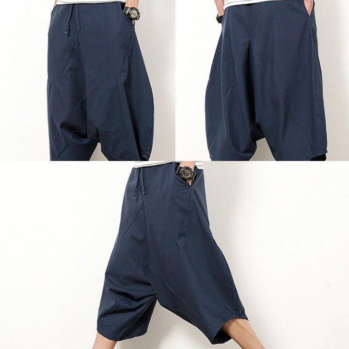 Buddha Stones春 無地 シンプル パッチワークデザイン ドローストリング コットンリネン メンズ 7-8丈 ワイドレッグパンツ ポケット付き - image 5