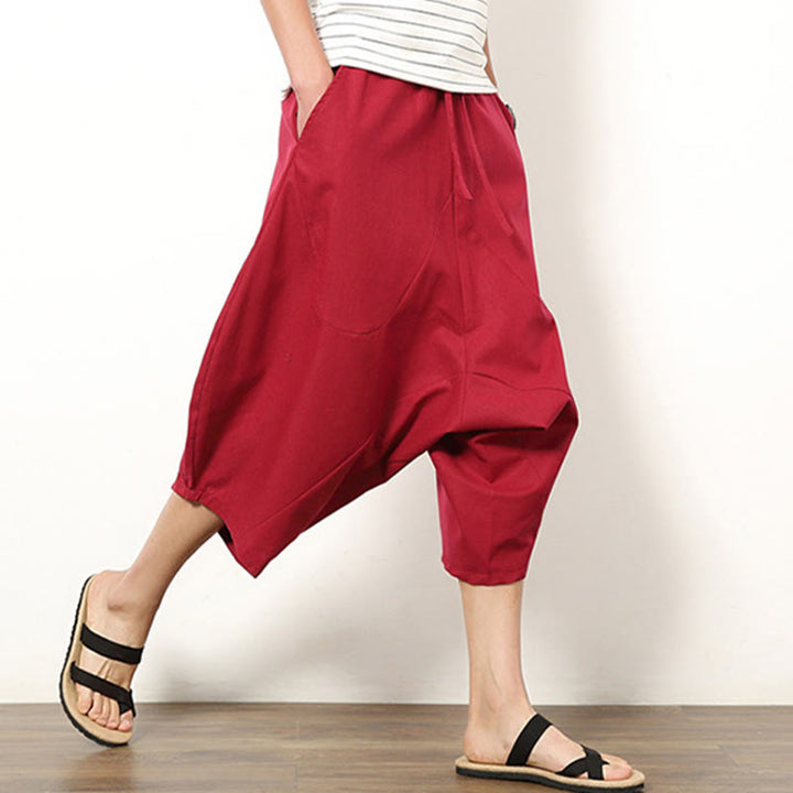 Buddha Stones春 無地 シンプル パッチワークデザイン ドローストリング コットンリネン メンズ 7-8丈 ワイドレッグパンツ ポケット付き - image 15