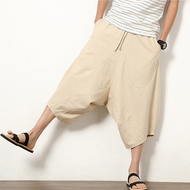 Buddha Stones春 無地 シンプル パッチワークデザイン ドローストリング コットンリネン メンズ 7-8丈 ワイドレッグパンツ ポケット付き - image 8