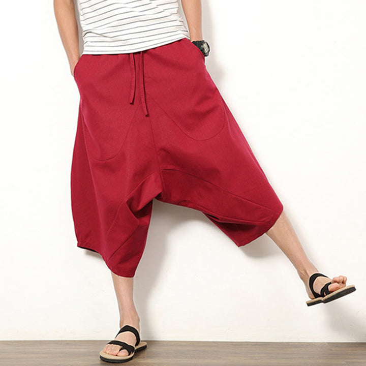 Buddha Stones春 無地 シンプル パッチワークデザイン ドローストリング コットンリネン メンズ 7-8丈 ワイドレッグパンツ ポケット付き - image 12