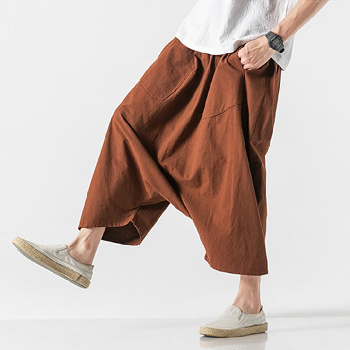 Buddha Stonesカジュアル ロークロッチデザイン ドローストリング メンズ 7-8丈 コットンリネン ワイドレッグパンツ ポケット付き - image 15