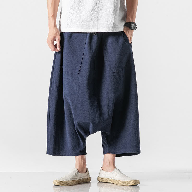 Buddha Stonesカジュアル ロークロッチデザイン ドローストリング メンズ 7-8丈 コットンリネン ワイドレッグパンツ ポケット付き - image 1