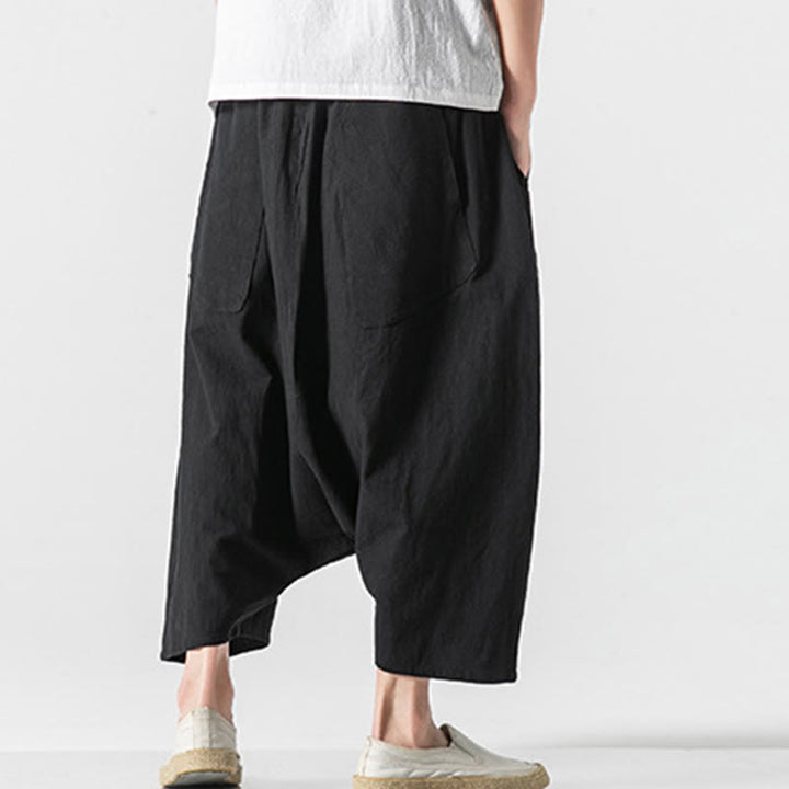 Buddha Stonesカジュアル ロークロッチデザイン ドローストリング メンズ 7-8丈 コットンリネン ワイドレッグパンツ ポケット付き - image 31
