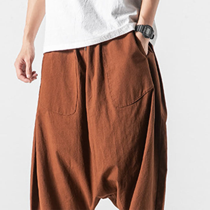 Buddha Stonesカジュアル ロークロッチデザイン ドローストリング メンズ 7-8丈 コットンリネン ワイドレッグパンツ ポケット付き - image 17