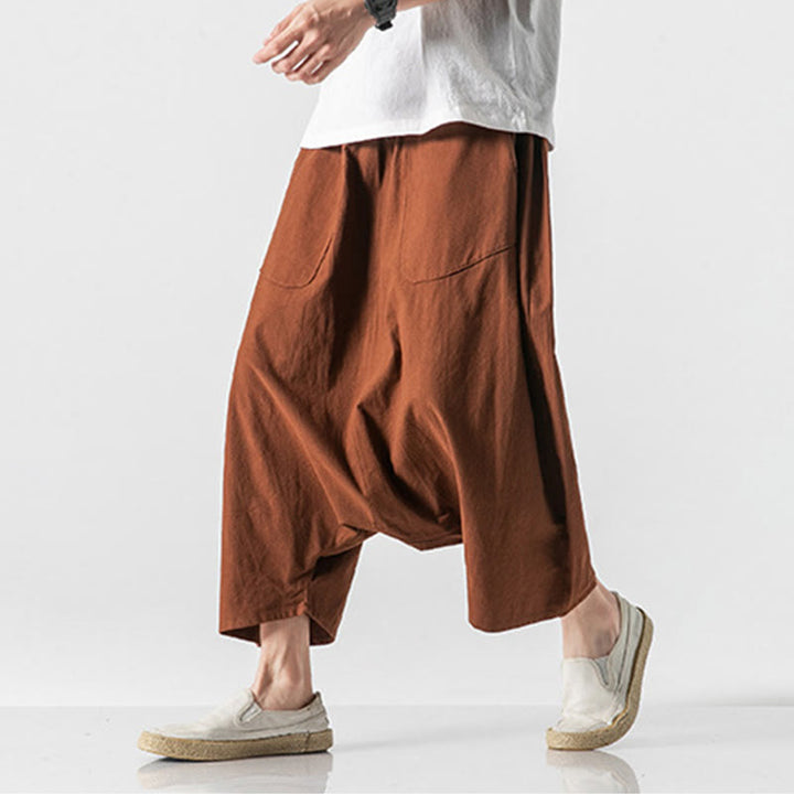 Buddha Stonesカジュアル ロークロッチデザイン ドローストリング メンズ 7-8丈 コットンリネン ワイドレッグパンツ ポケット付き - image 11