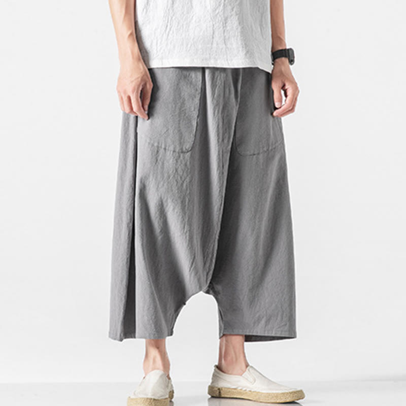 Buddha Stonesカジュアル ロークロッチデザイン ドローストリング メンズ 7-8丈 コットンリネン ワイドレッグパンツ ポケット付き - image 25