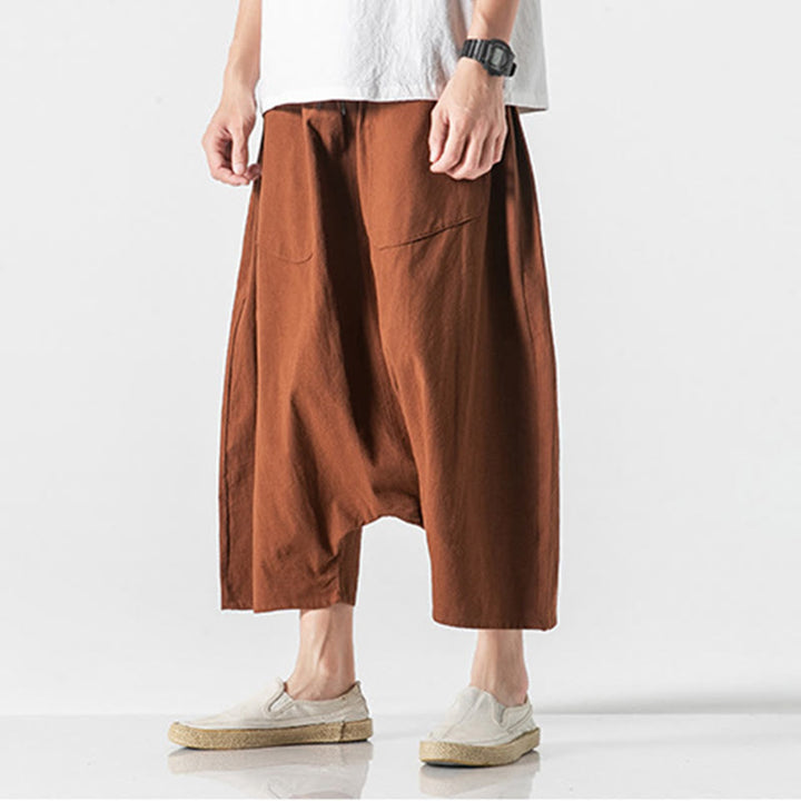Buddha Stonesカジュアル ロークロッチデザイン ドローストリング メンズ 7-8丈 コットンリネン ワイドレッグパンツ ポケット付き - image 13