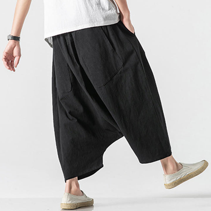 Buddha Stonesカジュアル ロークロッチデザイン ドローストリング メンズ 7-8丈 コットンリネン ワイドレッグパンツ ポケット付き - image 35