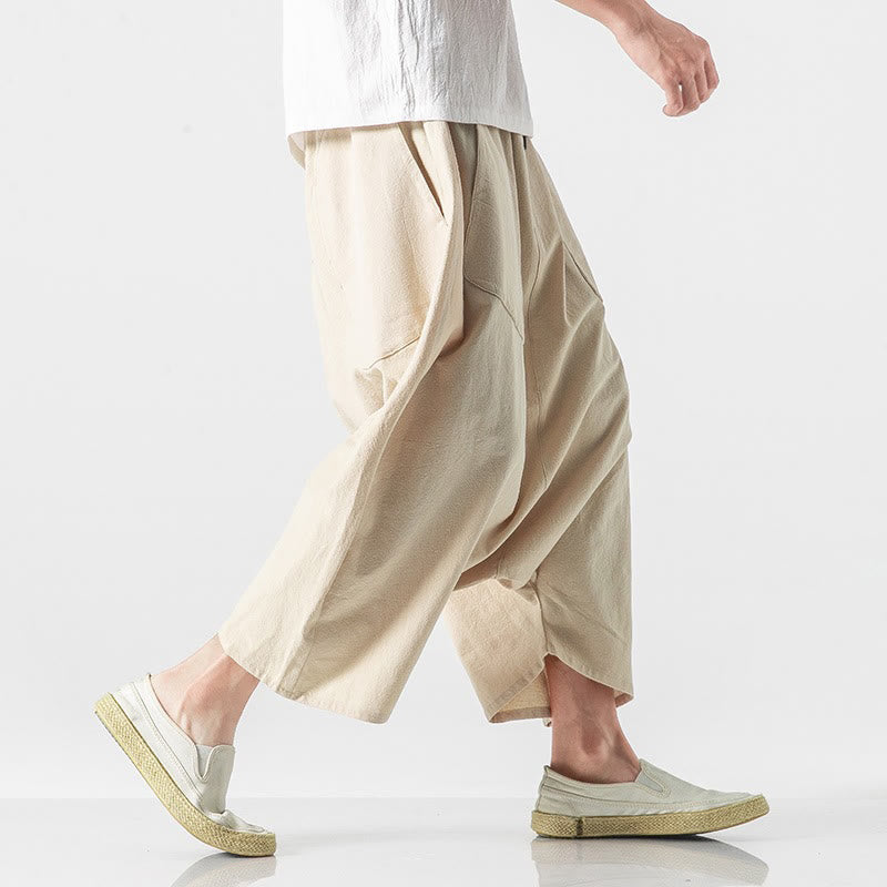Buddha Stonesカジュアル ロークロッチデザイン ドローストリング メンズ 7-8丈 コットンリネン ワイドレッグパンツ ポケット付き - image 42
