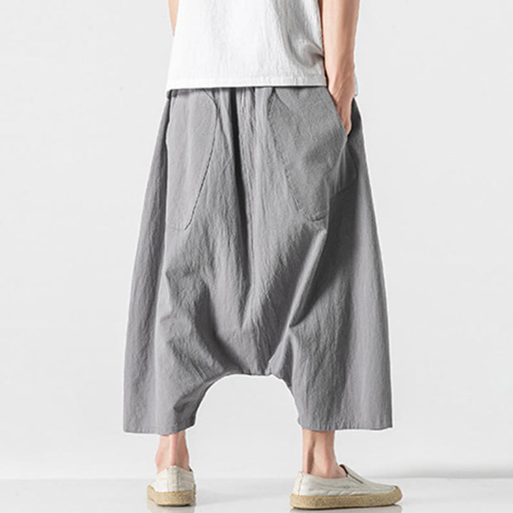 Buddha Stonesカジュアル ロークロッチデザイン ドローストリング メンズ 7-8丈 コットンリネン ワイドレッグパンツ ポケット付き - image 24