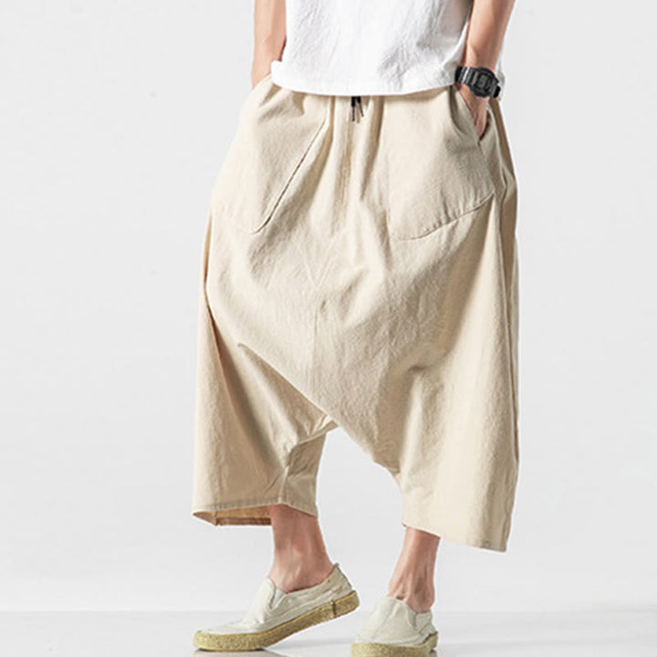 Buddha Stonesカジュアル ロークロッチデザイン ドローストリング メンズ 7-8丈 コットンリネン ワイドレッグパンツ ポケット付き - image 37