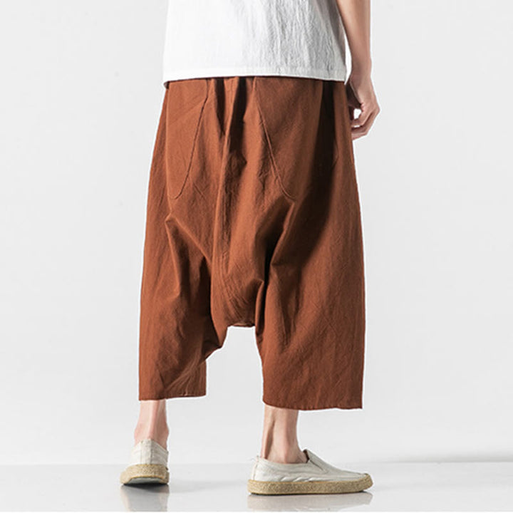 Buddha Stonesカジュアル ロークロッチデザイン ドローストリング メンズ 7-8丈 コットンリネン ワイドレッグパンツ ポケット付き - image 12