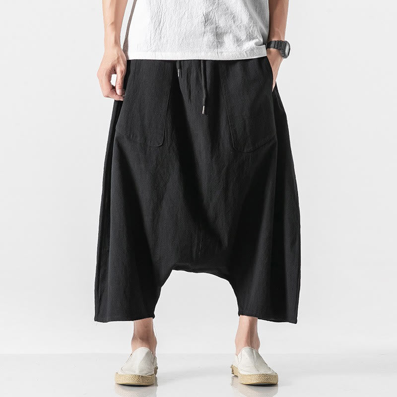 Buddha Stonesカジュアル ロークロッチデザイン ドローストリング メンズ 7-8丈 コットンリネン ワイドレッグパンツ ポケット付き - 黒 - US/UK/AU46、 EU56 (5XL) - image 29