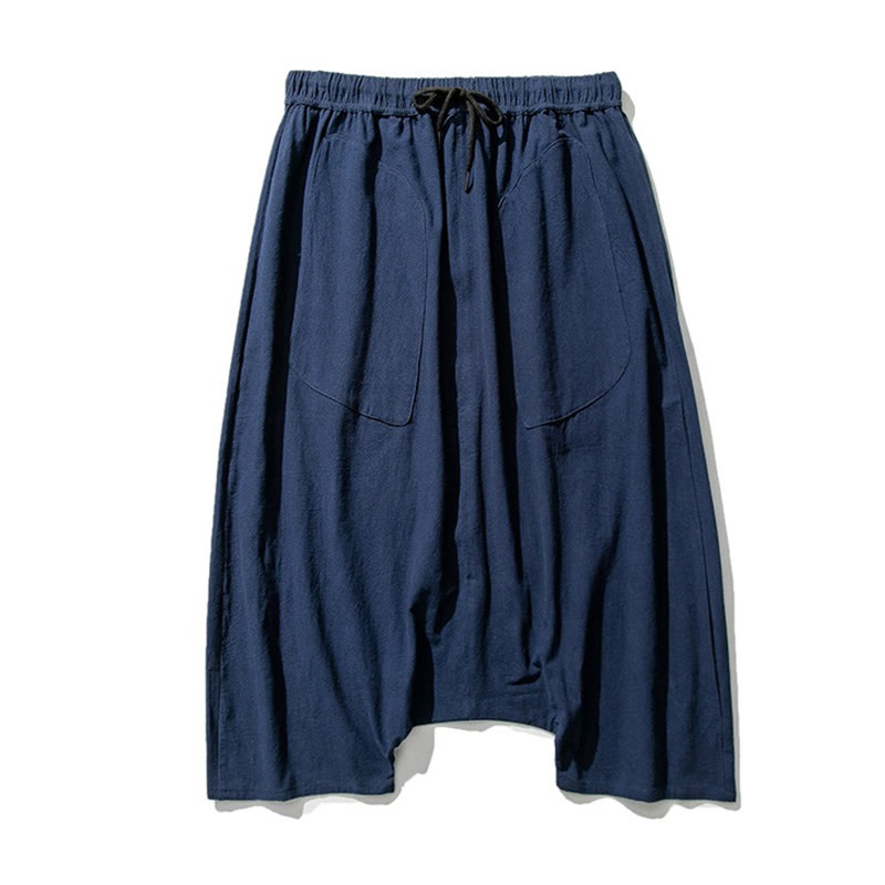 Buddha Stonesカジュアル ロークロッチデザイン ドローストリング メンズ 7-8丈 コットンリネン ワイドレッグパンツ ポケット付き - image 9