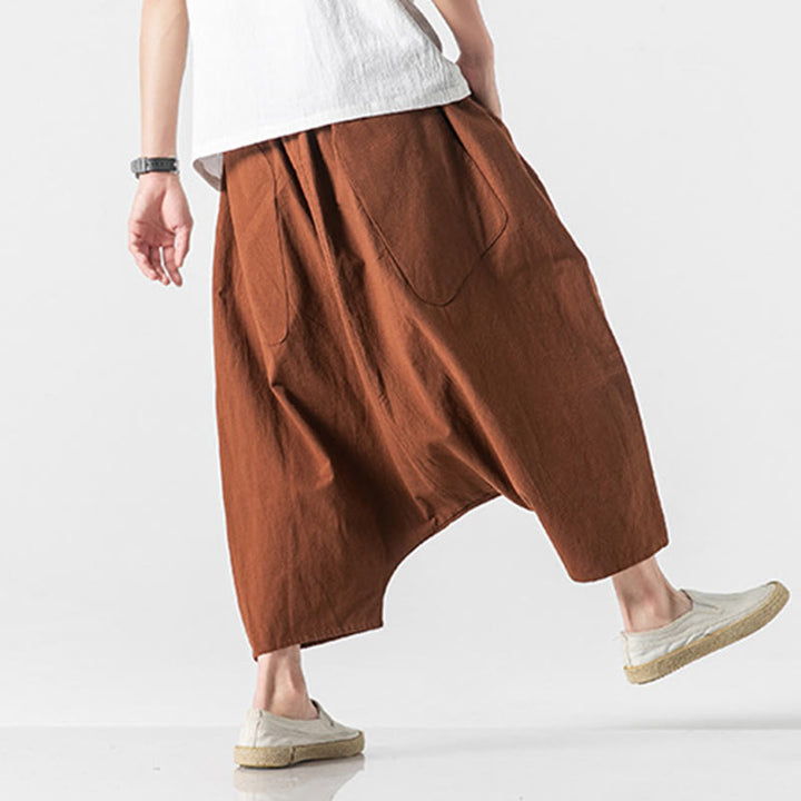 Buddha Stonesカジュアル ロークロッチデザイン ドローストリング メンズ 7-8丈 コットンリネン ワイドレッグパンツ ポケット付き - image 16