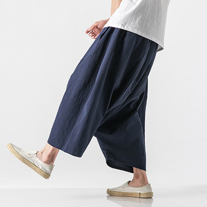 Buddha Stonesカジュアル ロークロッチデザイン ドローストリング メンズ 7-8丈 コットンリネン ワイドレッグパンツ ポケット付き - ダークスレートブルー - US/UK/AU46、 EU56 (5XL) - image 0