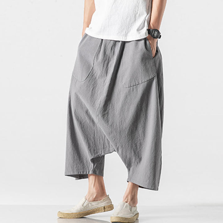 Buddha Stonesカジュアル ロークロッチデザイン ドローストリング メンズ 7-8丈 コットンリネン ワイドレッグパンツ ポケット付き - image 20
