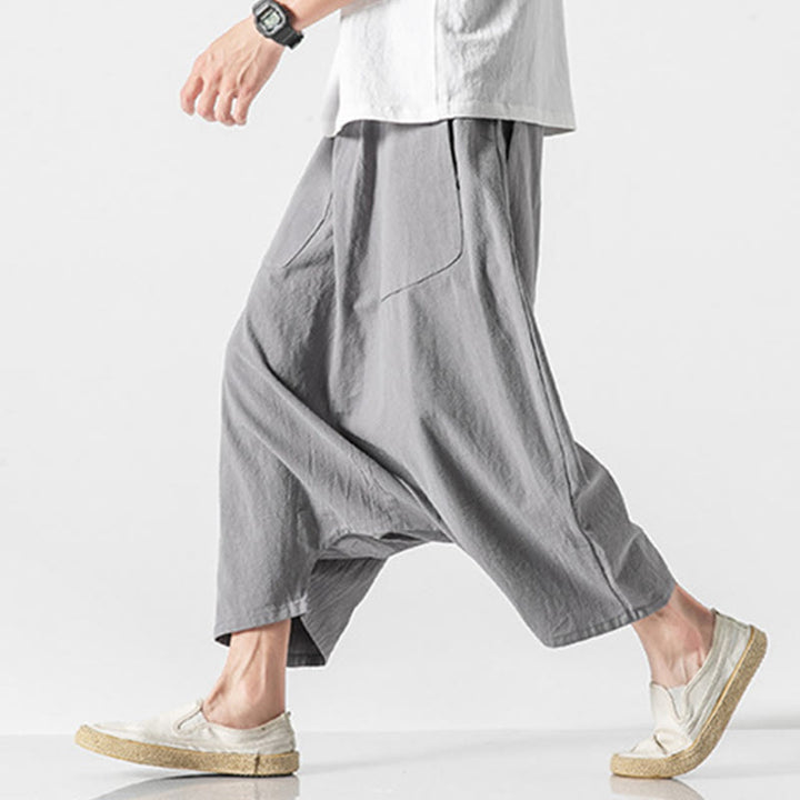 Buddha Stonesカジュアル ロークロッチデザイン ドローストリング メンズ 7-8丈 コットンリネン ワイドレッグパンツ ポケット付き - image 22