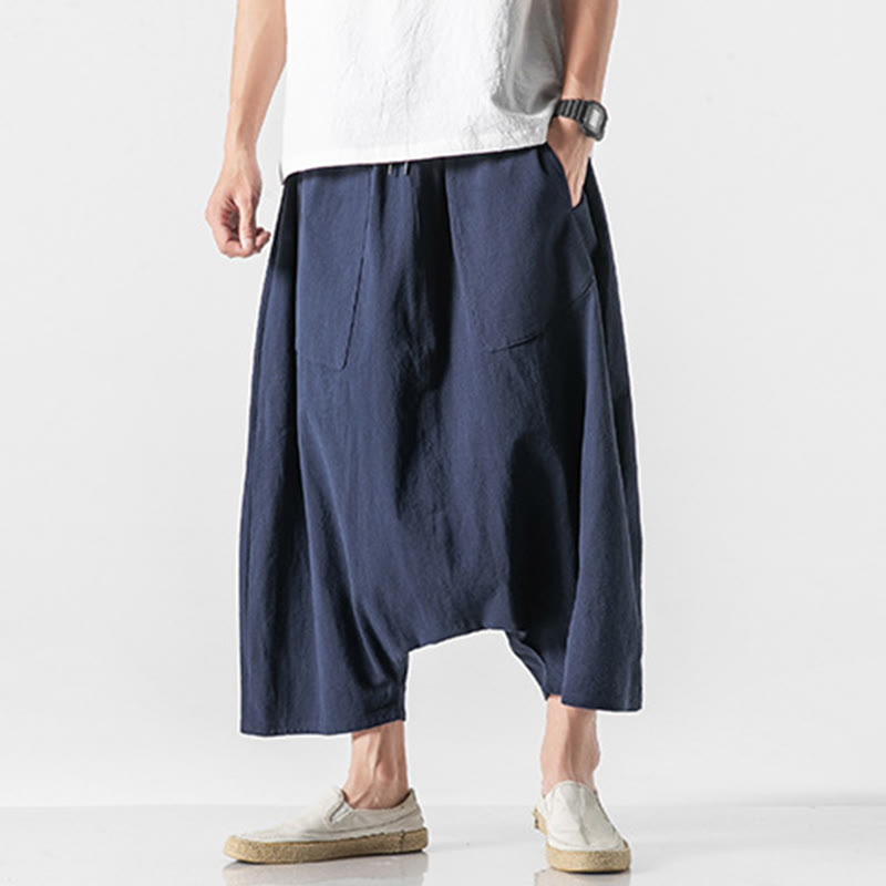 Buddha Stonesカジュアル ロークロッチデザイン ドローストリング メンズ 7-8丈 コットンリネン ワイドレッグパンツ ポケット付き - image 2