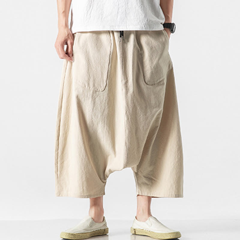 Buddha Stonesカジュアル ロークロッチデザイン ドローストリング メンズ 7-8丈 コットンリネン ワイドレッグパンツ ポケット付き - ベージュ - US/UK/AU46、 EU56 (5XL) - image 36