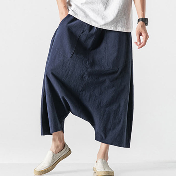 Buddha Stonesカジュアル ロークロッチデザイン ドローストリング メンズ 7-8丈 コットンリネン ワイドレッグパンツ ポケット付き - image 7