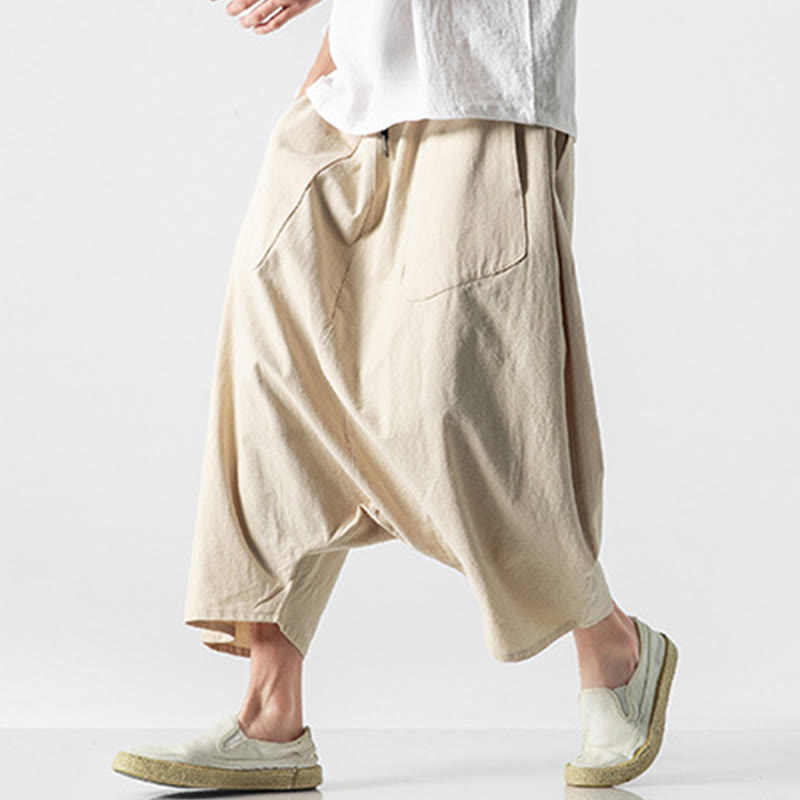 Buddha Stonesカジュアル ロークロッチデザイン ドローストリング メンズ 7-8丈 コットンリネン ワイドレッグパンツ ポケット付き - image 40
