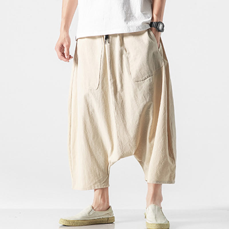 Buddha Stonesカジュアル ロークロッチデザイン ドローストリング メンズ 7-8丈 コットンリネン ワイドレッグパンツ ポケット付き - image 38