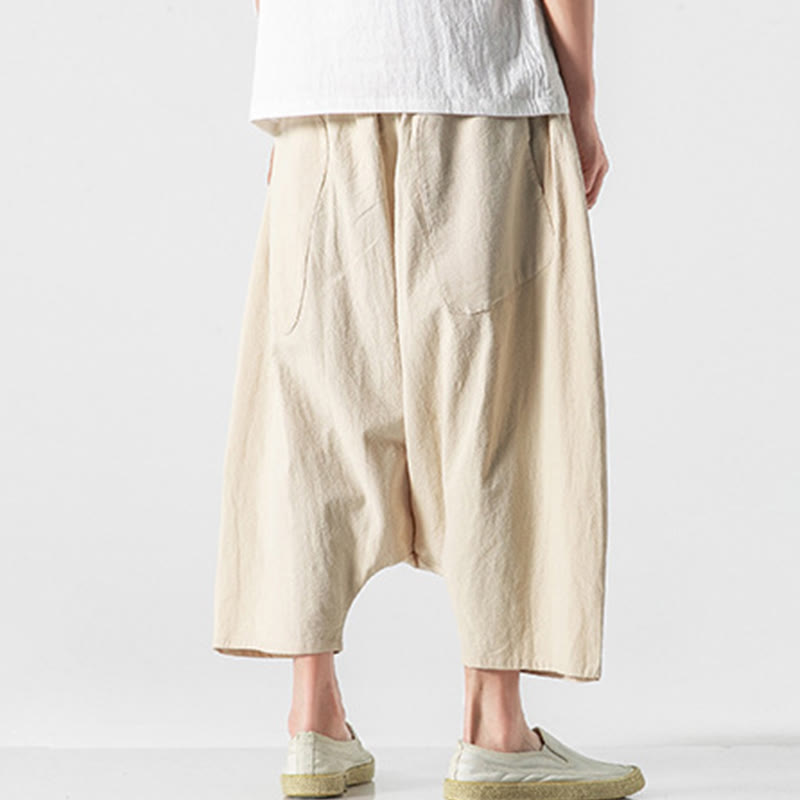 Buddha Stonesカジュアル ロークロッチデザイン ドローストリング メンズ 7-8丈 コットンリネン ワイドレッグパンツ ポケット付き - image 39