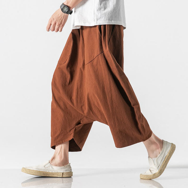 Buddha Stonesカジュアル ロークロッチデザイン ドローストリング メンズ 7-8丈 コットンリネン ワイドレッグパンツ ポケット付き - image 14