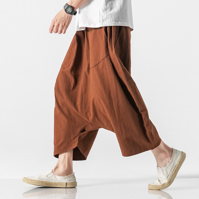 Buddha Stonesカジュアル ロークロッチデザイン ドローストリング メンズ 7-8丈 コットンリネン ワイドレッグパンツ ポケット付き - image 14