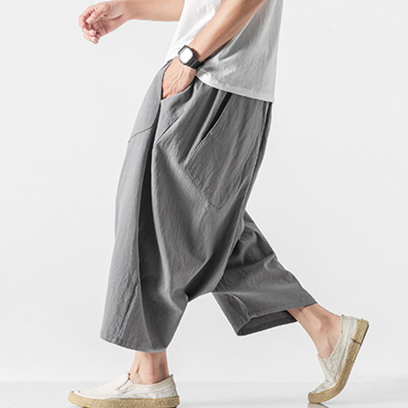 Buddha Stonesカジュアル ロークロッチデザイン ドローストリング メンズ 7-8丈 コットンリネン ワイドレッグパンツ ポケット付き - image 21