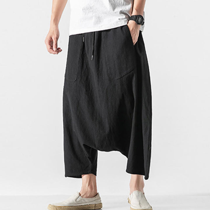 Buddha Stonesカジュアル ロークロッチデザイン ドローストリング メンズ 7-8丈 コットンリネン ワイドレッグパンツ ポケット付き - image 33