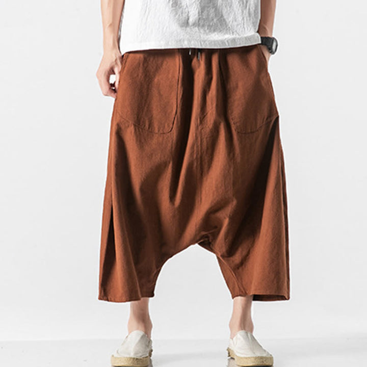Buddha Stonesカジュアル ロークロッチデザイン ドローストリング メンズ 7-8丈 コットンリネン ワイドレッグパンツ ポケット付き - チョコレート - US/UK/AU46、 EU56 (5XL) - image 10