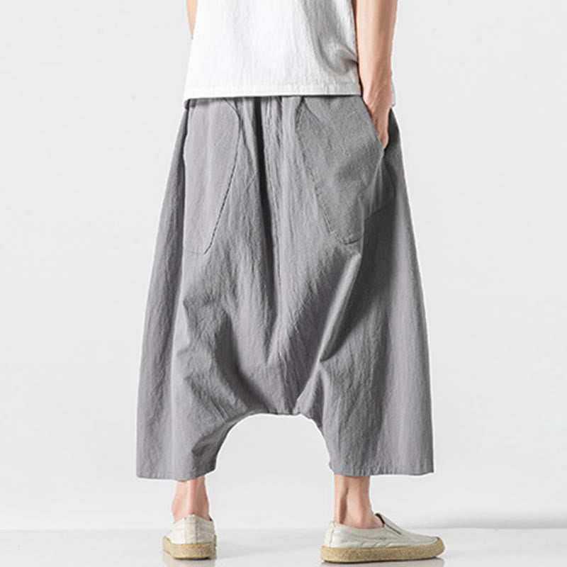 Buddha Stonesカジュアル ロークロッチデザイン ドローストリング メンズ 7-8丈 コットンリネン ワイドレッグパンツ ポケット付き - image 24