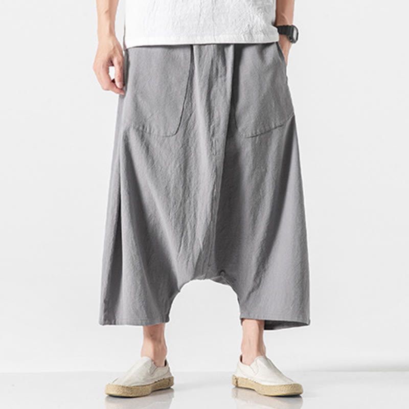 Buddha Stonesカジュアル ロークロッチデザイン ドローストリング メンズ 7-8丈 コットンリネン ワイドレッグパンツ ポケット付き - 銀 - US/UK/AU46、 EU56 (5XL) - image 18