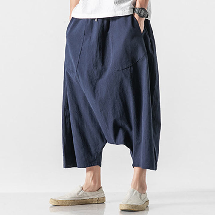 Buddha Stonesカジュアル ロークロッチデザイン ドローストリング メンズ 7-8丈 コットンリネン ワイドレッグパンツ ポケット付き - image 3