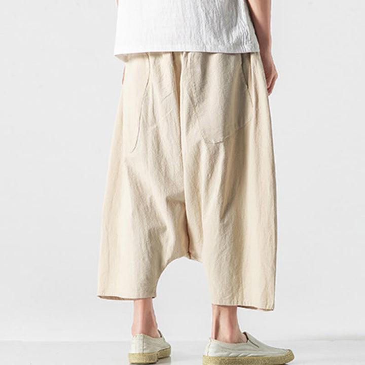 Buddha Stonesカジュアル ロークロッチデザイン ドローストリング メンズ 7-8丈 コットンリネン ワイドレッグパンツ ポケット付き - image 39