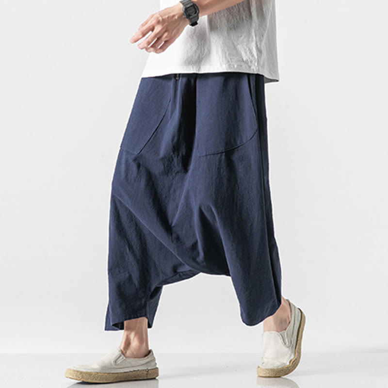 Buddha Stonesカジュアル ロークロッチデザイン ドローストリング メンズ 7-8丈 コットンリネン ワイドレッグパンツ ポケット付き - image 6
