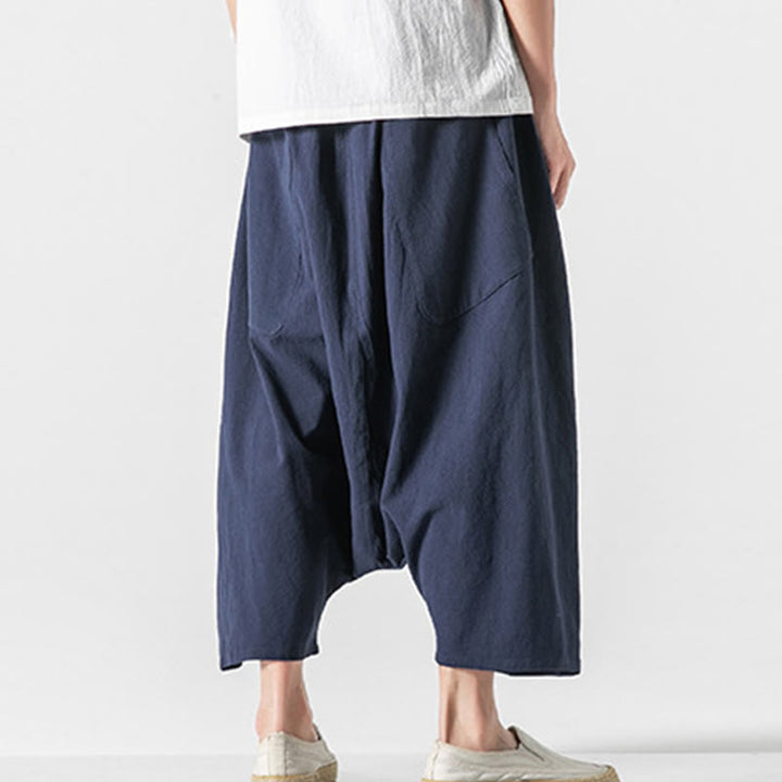 Buddha Stonesカジュアル ロークロッチデザイン ドローストリング メンズ 7-8丈 コットンリネン ワイドレッグパンツ ポケット付き - image 4