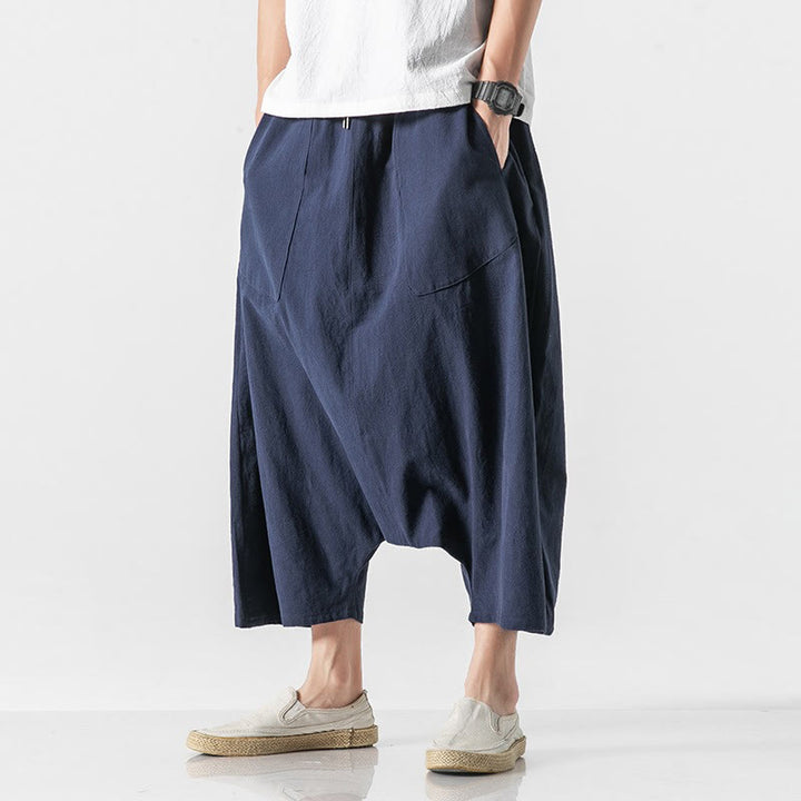Buddha Stonesカジュアル ロークロッチデザイン ドローストリング メンズ 7-8丈 コットンリネン ワイドレッグパンツ ポケット付き - image 5