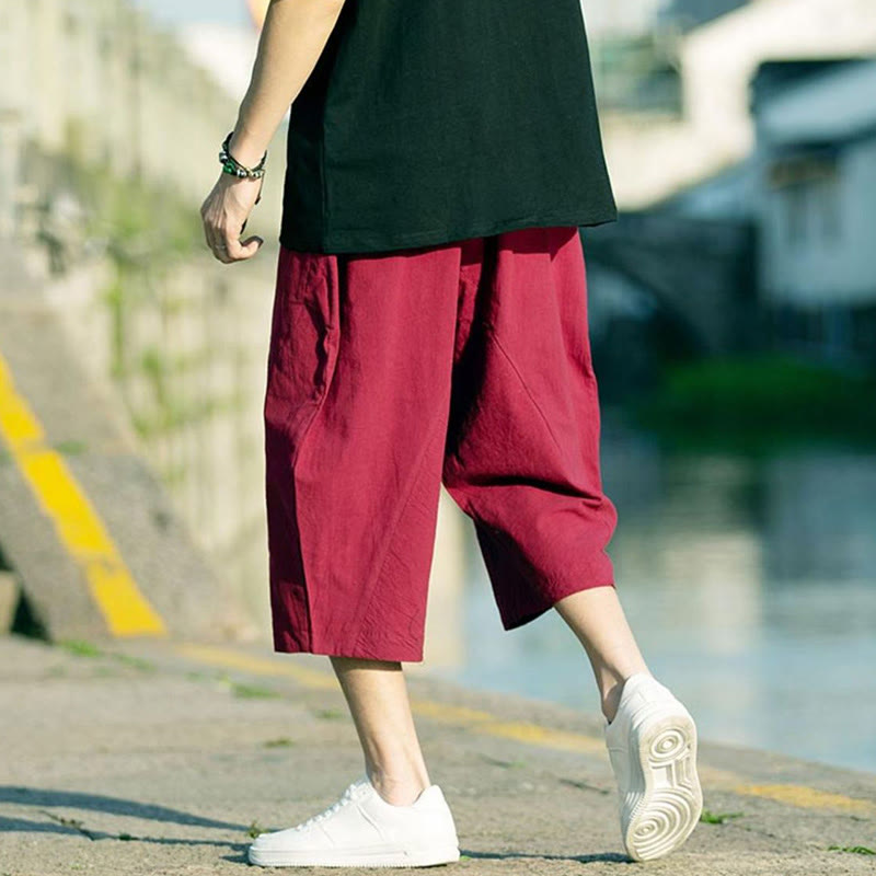 Buddha Stonesサマープレーンプリーツデザイン ドローストリング メンズ 7-8丈 コットンリネンパンツ ポケット付き - image 20
