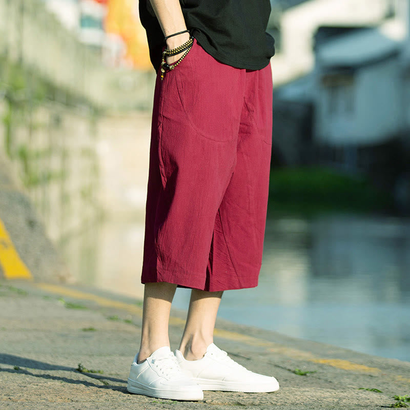 Buddha Stonesサマープレーンプリーツデザイン ドローストリング メンズ 7-8丈 コットンリネンパンツ ポケット付き - クリムゾン - US/UK/AU46、 EU56 (5XL) - image 19