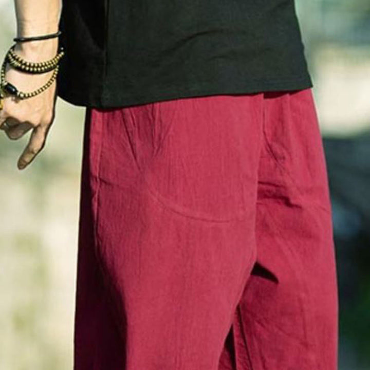 Buddha Stonesサマープレーンプリーツデザイン ドローストリング メンズ 7-8丈 コットンリネンパンツ ポケット付き - image 24