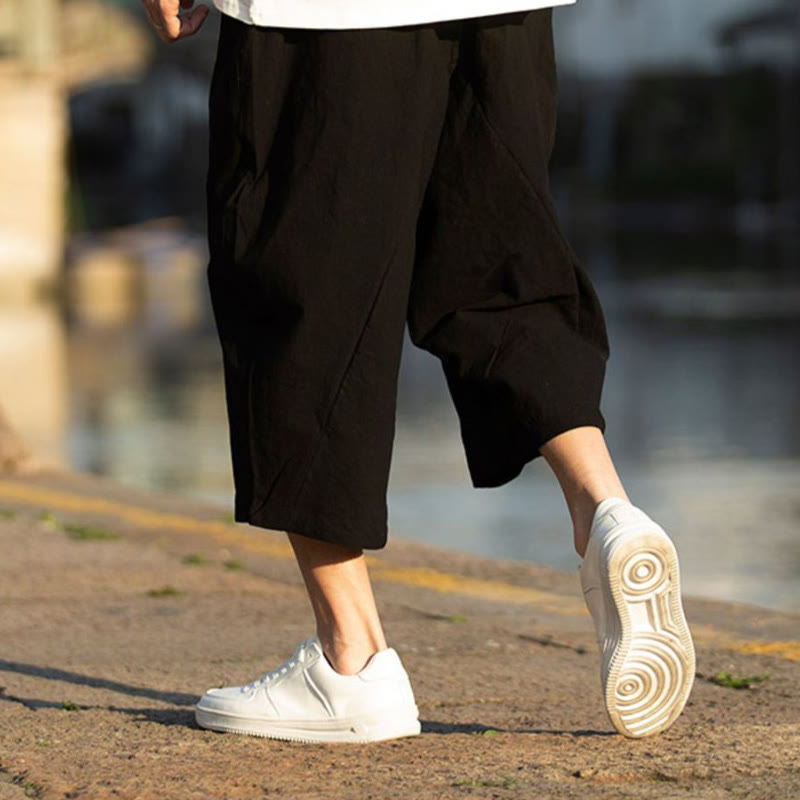 Buddha Stonesサマープレーンプリーツデザイン ドローストリング メンズ 7-8丈 コットンリネンパンツ ポケット付き - image 7