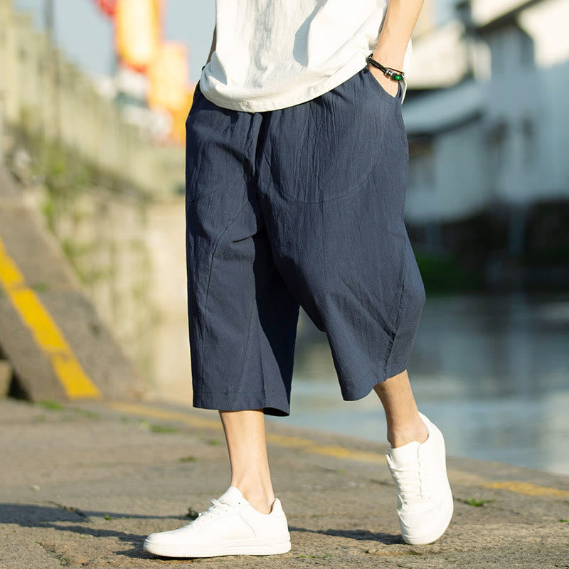 Buddha Stonesサマープレーンプリーツデザイン ドローストリング メンズ 7-8丈 コットンリネンパンツ ポケット付き - ダークスレートブルー - US/UK/AU46、 EU56 (5XL) - image 12
