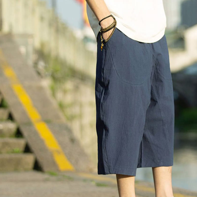 Buddha Stonesサマープレーンプリーツデザイン ドローストリング メンズ 7-8丈 コットンリネンパンツ ポケット付き - image 14