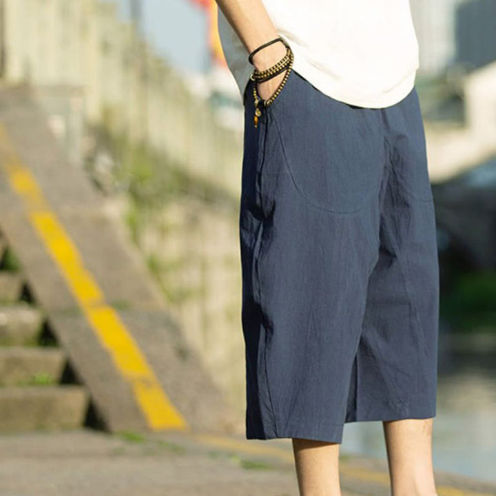 Buddha Stonesサマープレーンプリーツデザイン ドローストリング メンズ 7-8丈 コットンリネンパンツ ポケット付き - image 13