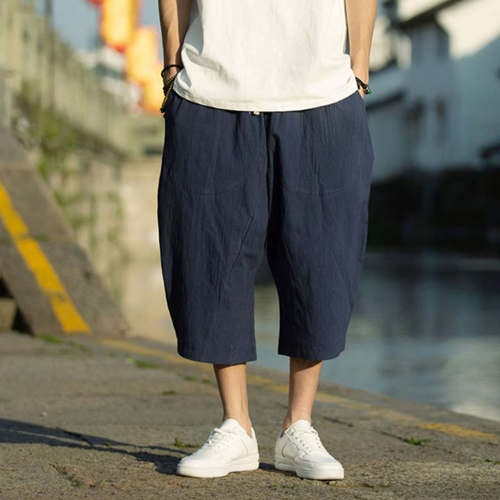 Buddha Stonesサマープレーンプリーツデザイン ドローストリング メンズ 7-8丈 コットンリネンパンツ ポケット付き - image 13