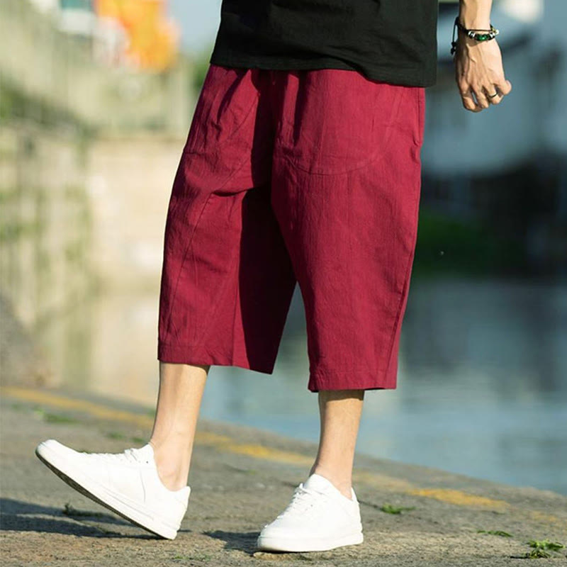 Buddha Stonesサマープレーンプリーツデザイン ドローストリング メンズ 7-8丈 コットンリネンパンツ ポケット付き - image 21